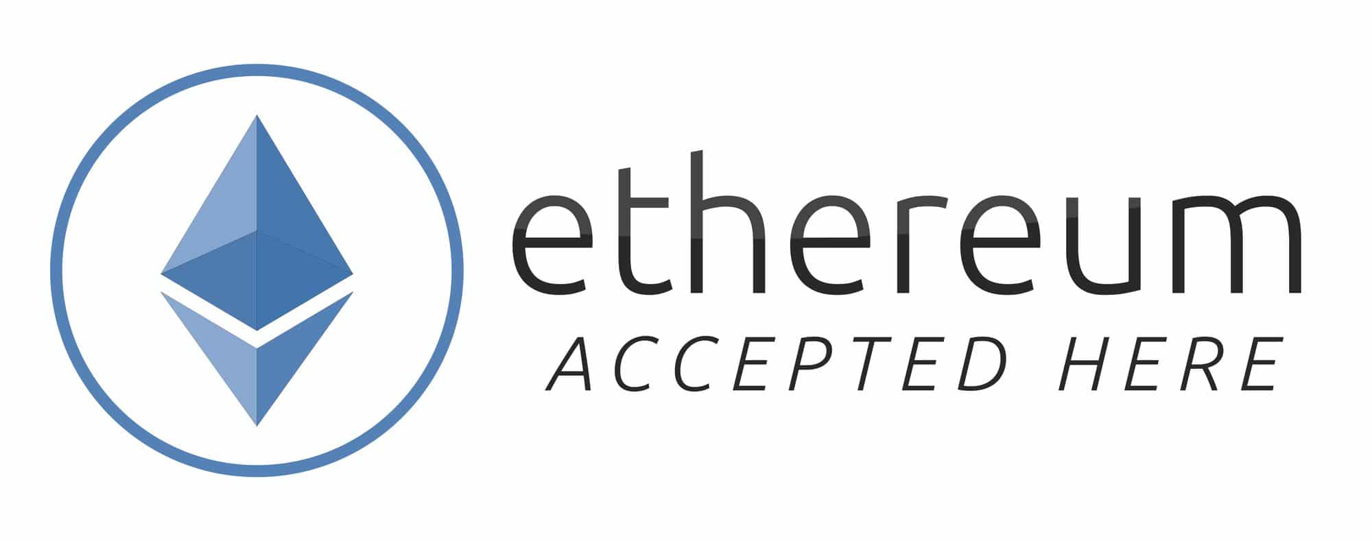 We accept ethereum. Blue ethereum virtual currency. Comercio Ethereum, concepto