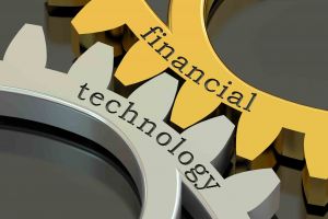 Financial Technology concept on the gearwheels, 3D rendering Grindelwald - Suiza